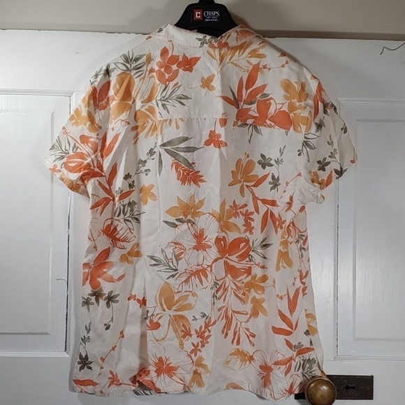 Kate Hill Floral Print Silk Top Short Sleeve Orange White Button Up Size Large - Picture 5 of 8